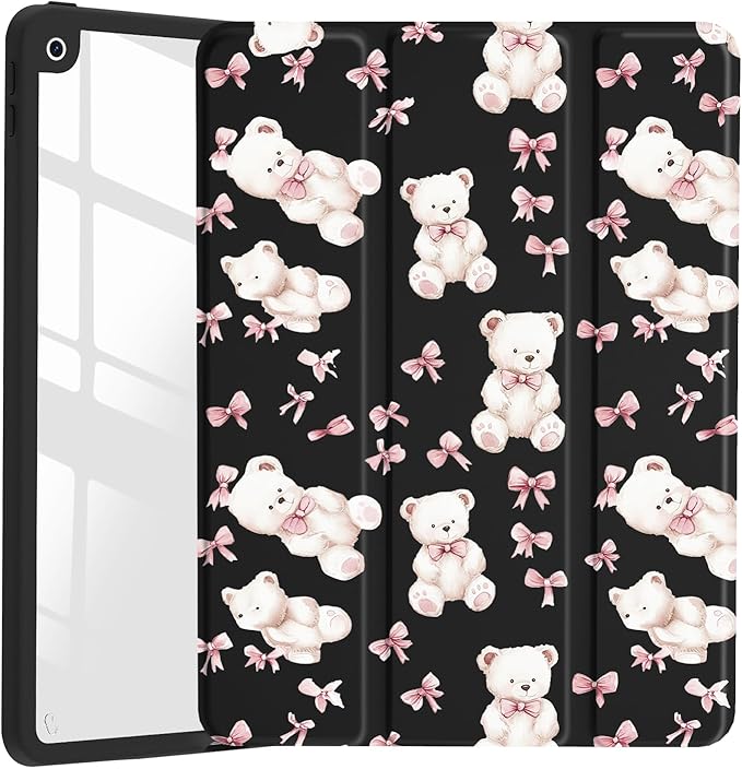 JOYLAND Cute Pink Bear Bow Case for iPad Air 11 Inch M3(2025)/ M2(2024), iPad Air 5th(2022)/ 4th (2020) Gen 10.9 Inch, Kawaii Clear Hard Back Black Case with Pencil Holder Trifold Stand Tablet Cover