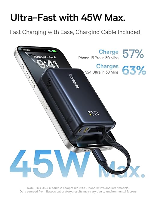 Baseus Power Bank, Picogo 10000mAh 45W 3-Output Portable Charger with Built-in USB-C Cable, PPS/PD QC Fast Charging External Battery Pack for iPhone 17/16/15/14/13, Samsung S25/S24, MacBook Pro, iPad