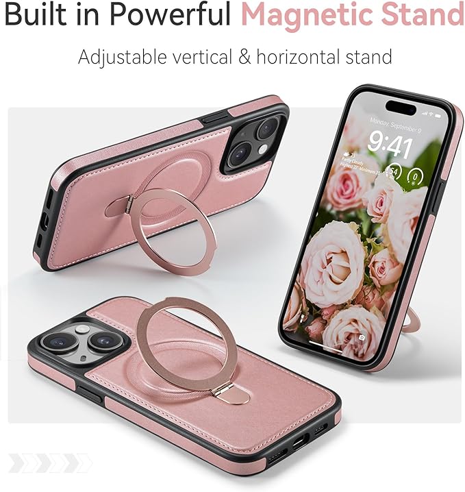 for iPhone 14 Plus Case with Stand Compatible with Magsafe Slim PU Leather & Durable TPU Drop Proof Magnetic Kickstand Protective Cover with Tempered Glass Screen Protector 6.7", Rose Gold