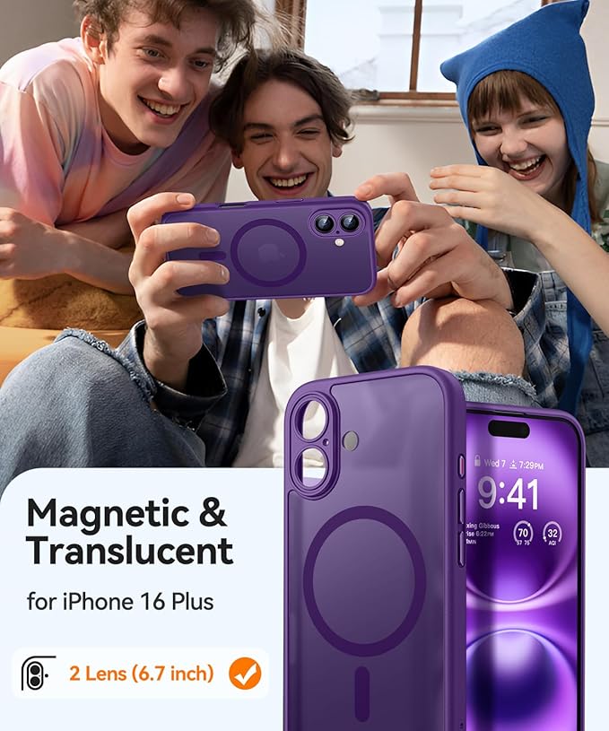 CANSHN Magnetic for iPhone 16 Plus Case, Upgraded [Full Camera Protection] [Compatible with Magsafe] [Translucent Matte] Shockproof Protective Phone Case for iPhone 16 Plus - Deep Purple