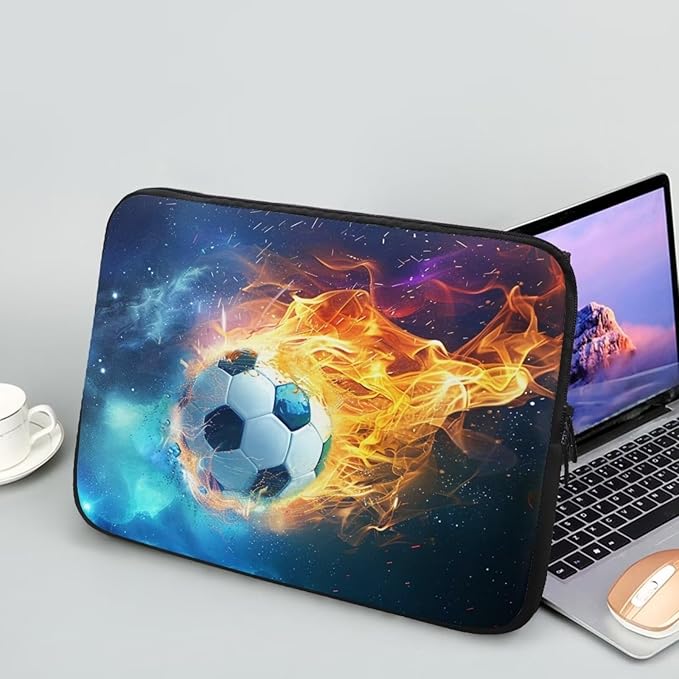 Water Flame Football Computer Sleeve for Men 10 InchLaptop Sleeve Neoprene Laptop Covers with Padded Compartment Lap Top Case Soccer Computer Carrying Bag