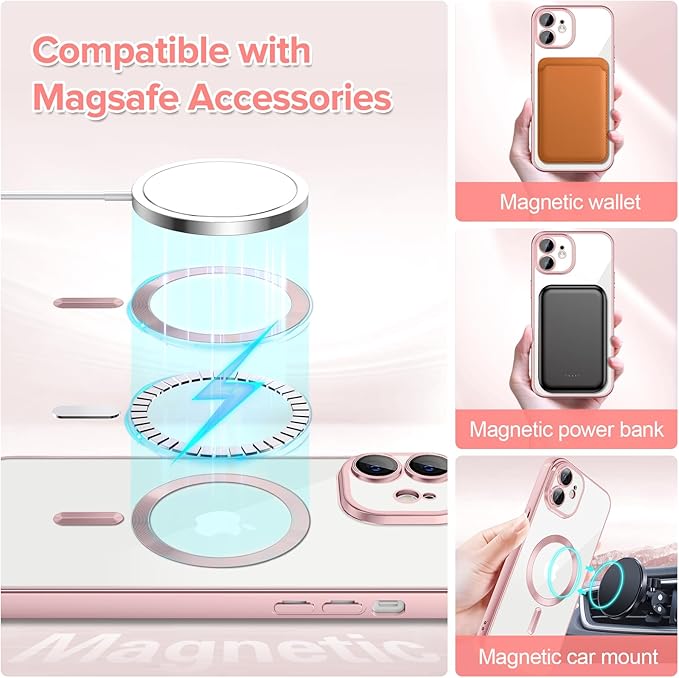 Hython Magnetic Clear for iPhone 11 Case with Camera Lens Protector [Compatible with MagSafe] Luxury Plating Edge Slim Soft TPU Cover Protective Phone Case for iPhone 11 6.1", Matte Pink