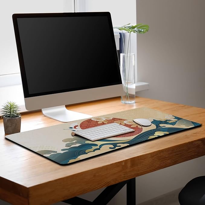 Gaming Mouse Pad Japanese Great Wave Blue Desk Pad, Big Mouse Pads Office Desk Pads, Mouse Mat Non-Slip Rubber Base Waterproof with Stitched Edges, 35.4 X 15.7 inch Oriental Pattern
