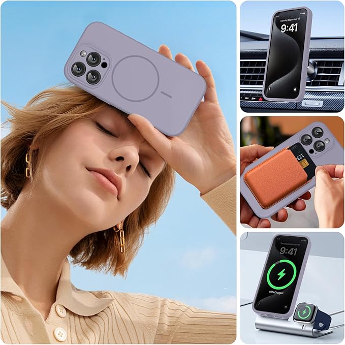 Miracase Magnetic for iPhone 15 Pro Case, [Soft Anti-Scratch Microfiber Lining], Compatible with MagSafe, Liquid Silicone Shockproof Drop Protection Phone Case for 15 Pro, Lavender Gray