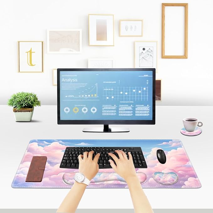 ToLuLu Large Mouse Pad Desk Pad Set, Wrist Rest Support Desk Mat for Keyboard and Mouse, 4PCS 35.4”x15.7 XXL Giant Mouse Pad, Non-Slip Base Stitched Edges Mousepad for Home Office, Dreamy Clouds