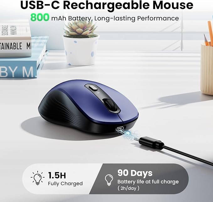 TECKNET Rechargeable Bluetooth Mouse, [ USB + BT5.0 + BT3.0 ] Wireless Mouse, Ergonomic Design, Silent Click, 6-Level 4800 DPI Wireless Mice, 3-Device Switching for Laptop, Computer, MacBook（Blue）