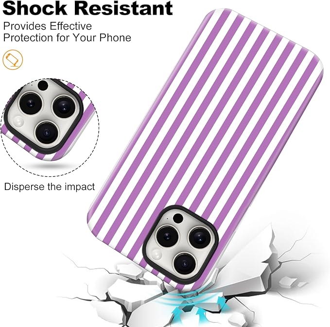 Magnetic for iPhone 16 Case Cute Stripes Phone Case, Shockproof Slim TPU and Hard PC Protective Phone Cover Compatible with MagSafe Designed for Women Girls, Purple