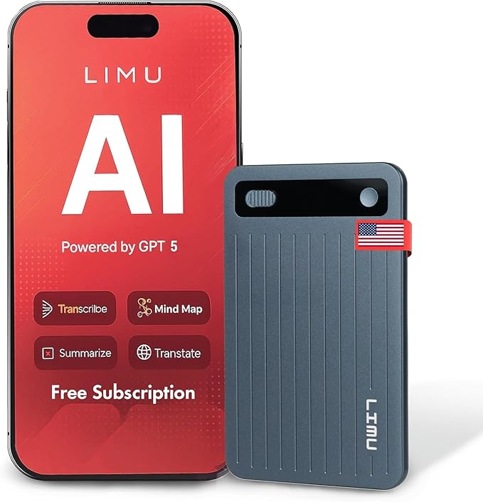 LIMU AI Voice Recorder, German Design AI Note Taking Device with GPT-5, Slim 64GB, 400 Min/Month Audio Recorder, Transcribe, Summarize, MindMap, 125 Language, AI Assist for Meetings, Calls, Lectures
