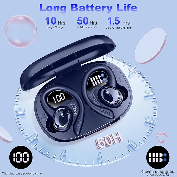 Hupoaf Wireless Earbuds Sport, 2025 Bluetooth 5.4 Headphones with Earhooks, 50H Stereo Deep Bass Over Ear Buds with 4 ENC Noise Canceling Mics, IP7 Waterproof Earphones for Running Workout Gym -Blue