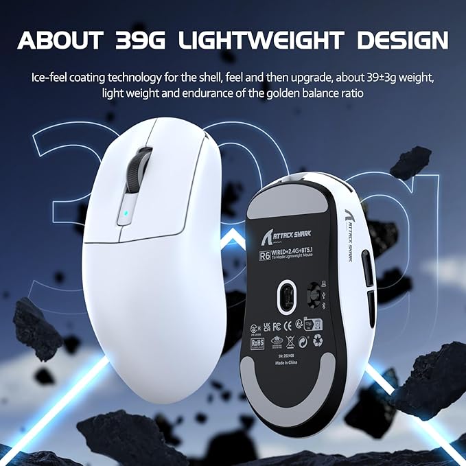 ATTACK SHARK R6 Gaming Mouse Wireless 2.4Ghz/Bluetooth/Type-C, PAW3950Max, 8K Polling Rate, 50 to 42,000 DPl Adjustable, Nordic 52480, 39g Super-lightweight Optical Mouse, for PC/Mac/Linux/Xbox-White
