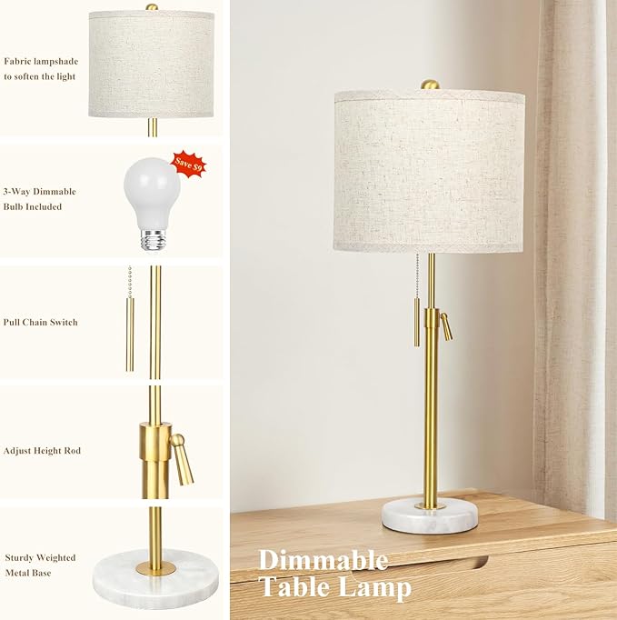 Qingmiao Table Lamps for Bedrooms Set of 2, 22" to 30" Height Adjustable Nightstand Lamps with Linen Shade, Pull Chain Switch Lamps for Living Room, 3 Way Dimmable Bedside Lamp