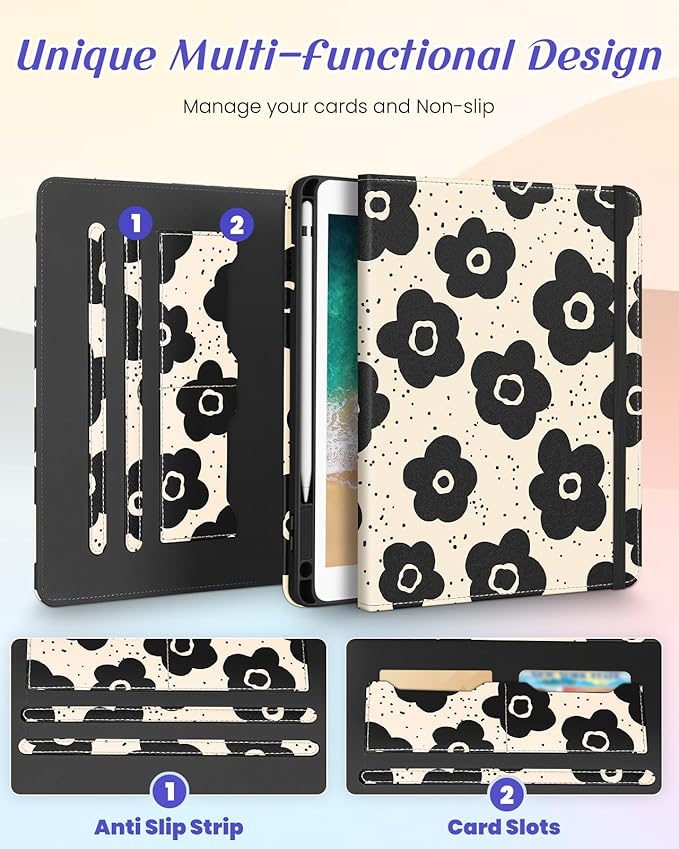 Kidcube for iPad 5th Generation Case 2017/Air 1st 2013/Pro 9.7 Inch Case 2016 - Women Girls Kids Cute Rotating Stand Folio Cover with Pencil Holder & Card Slot Girly Black Flowers Floral Design Cover