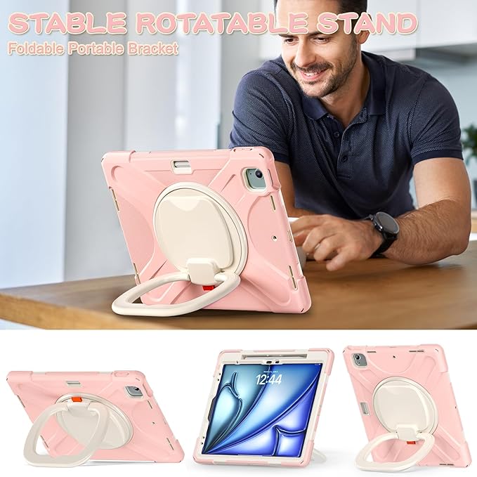 SCSVPN Case for iPad Air 13 inch M4/ M3/ M2 (2026/2025/2024) & iPad Pro 12.9 Case 6th/5th/4th/3rd Gen 2022 2021 2020 2018, Protective Cover w/Pencil Holder, Rotate Stand/Handle, Shoulder Strap, Pink