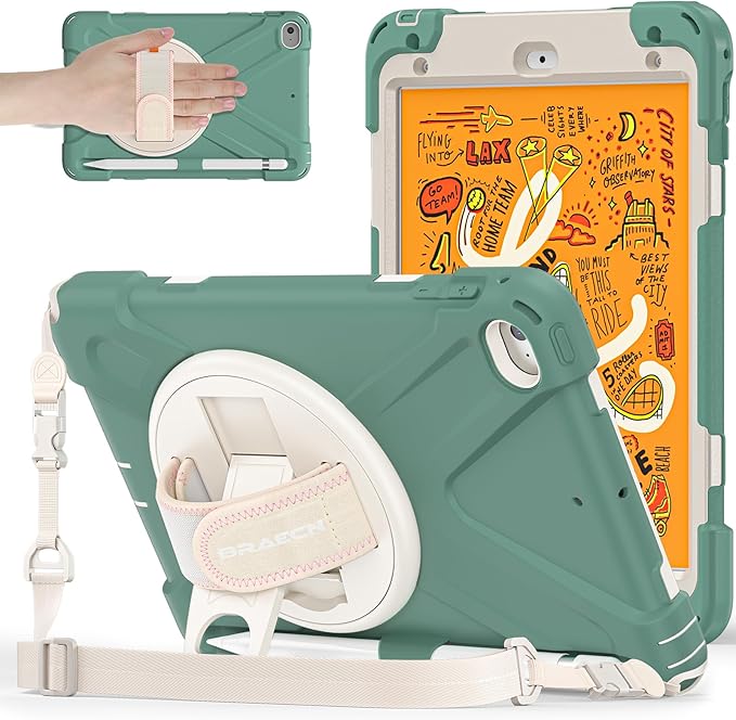 BRAECNstock for Apple iPad mini 5th/ 4th Generation Case 7.9" 2019/2015, Shockproof Protective with Pen Holder, Rotating Hand Strap & Stand, Shoulder Strap, Case for iPad mini 5/4, Emerald Green