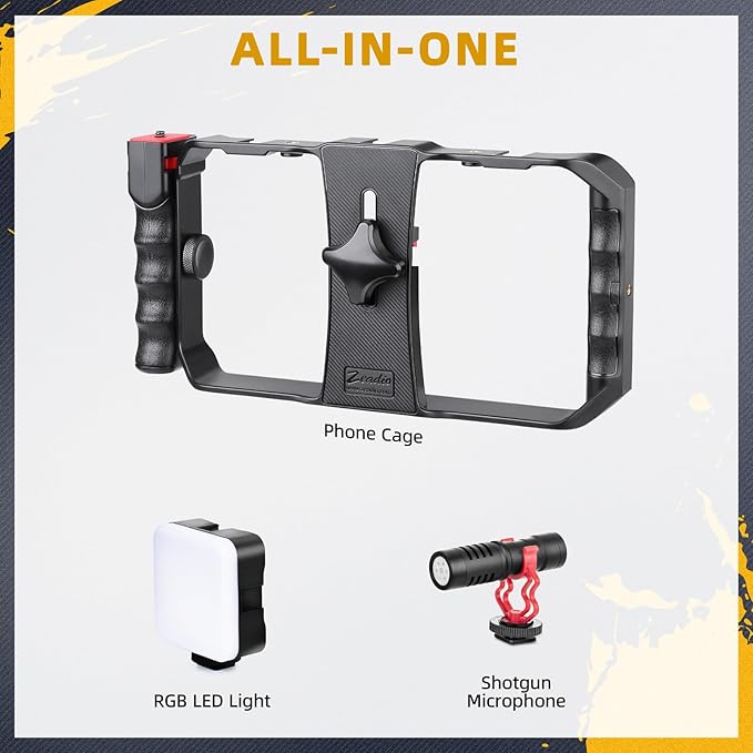 Zeadio All-in-One Smartphone Video Rig Kit, Variable Phone Cage Rig with RGB Video Light, Shotgun Microphone, Universal Video Stabilizer for iPhone/Android Filmmaking Vlogging YouTube TikTok etc
