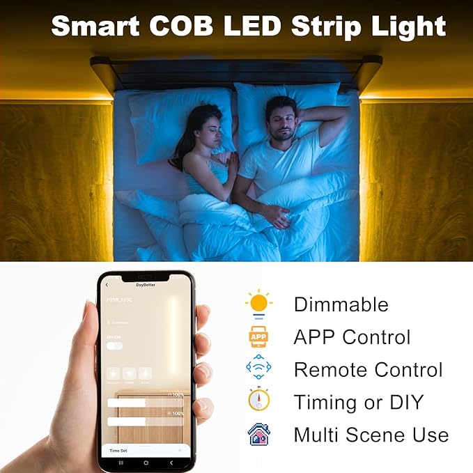 DAYBETTER COB LED Strip Light,LED Lights 32.8ft,Warm White 3000K Dotless Strip Lights,3200 LEDs Super Bright Dimmable 24V Flexible Tape Lights with Remote and App,for Bedroom,Kitchen,Cabinets Lighting
