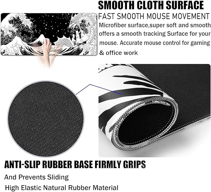 Large Gaming Mouse Pad, Waterproof Extra Large Big Mouse Pad with Stitched Edge, XXXL Non-Slip Black Computer Long Mousepad for Gamer, Office & Home, Black White Dragon
