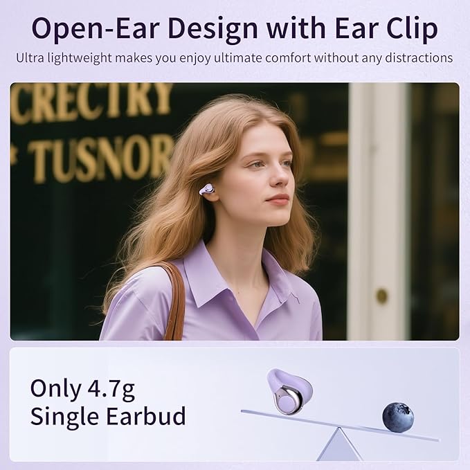 Open Ear Earbuds I5, Bluetooth 6.0 Headphones for Gym & Running, IPX5 Sweatproof, 36H Playtime, Secure Clip-On Fit for Work & Sports (3-Purple)
