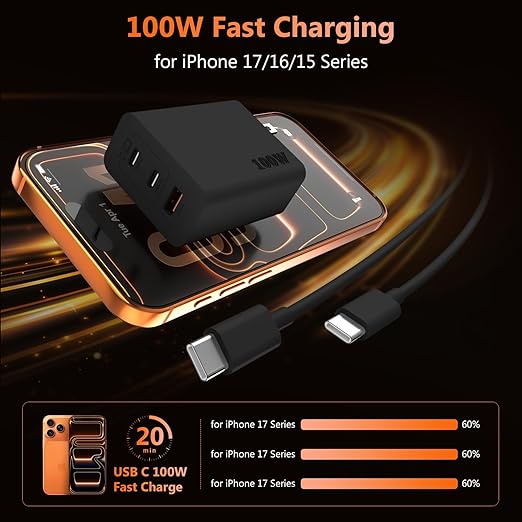 100W USB C Charger for Samsung S26 S25 Ultra, 3-Port GaN Fast Wall Charger with 2 Cables (C-C & A-C), Travel Essentials PD Adapter for MacBook Pro,for iPhone 17 16 15/iPad, Laptop - Black