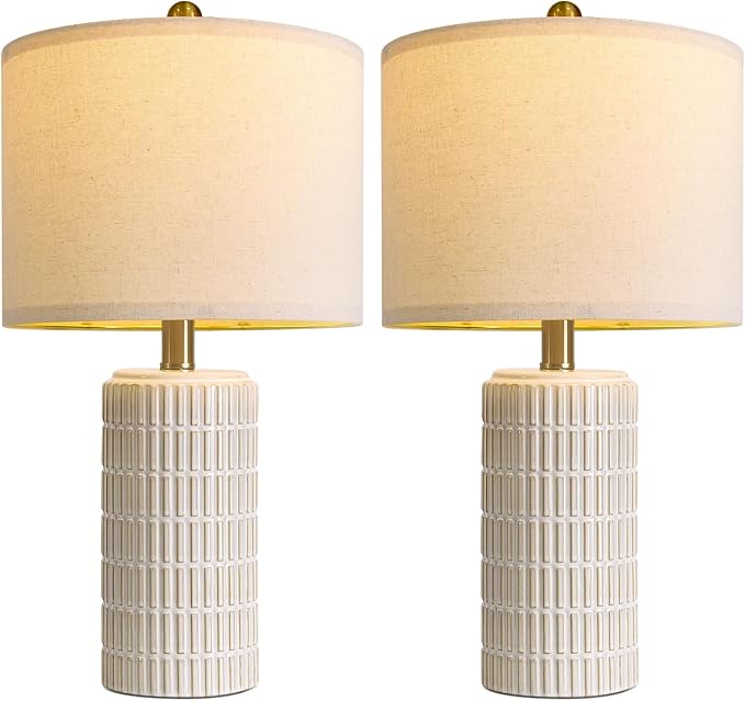 PoKat 20.75" Small Modern Ceramic Table Lamps Set of 2 for Bedroom, White Bedside Lamps for Night Stands, Farmhouse Desk Decor Gift Nightstand Table Lamps for Living Room End Table Beige
