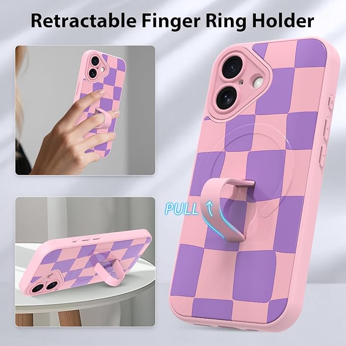KANGHAR Compatible with iPhone 16 Case, Support for MagSafe, Silicone Checkered Cute Pattern, Wristband Kickstand Camera Protection Soft Slim Cover for Girls Women -Pink