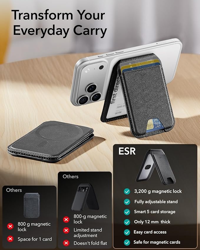 ESR for MagSafe Wallet with Stand, RFID Blocking, MagSafe Ring Included, 5 Cards Holder for Phone Case, Slim Magnetic Wallet for iPhone 17e/17/16/15/14/13/12 (Not for mini), Selected Samsung, Black