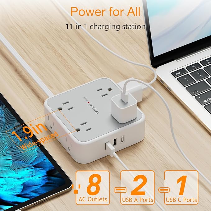 TESSAN Surge Protector Power Strip, 20 Ft Flat Plug Extension Cord with 3 USB (1 USB C) 8 Outlets, 1250W, 900J Protection, 3 Sided Outlet Extender with Power Switch for Office, Dorm Room, Grey