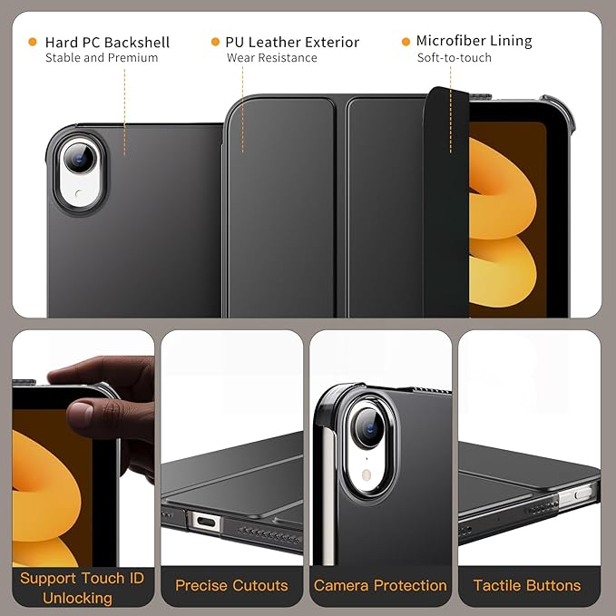 MoKo for iPad mini 7 (A17 Pro) Generation Case 2024, iPad mini 6 Case 2021, 8.3-inch Slim Lightweight Protective Hard Back PC Shell Stand Cover Support Touch ID, Auto Wake/Sleep, Black