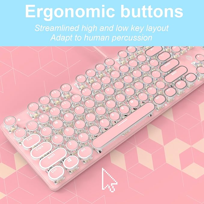 YSCP Typewriter Style Mechanical Gaming Keyboard White Backlit Wired with Blue Switch Retro Round Keycap 104 Keys Keyboard (Pink)