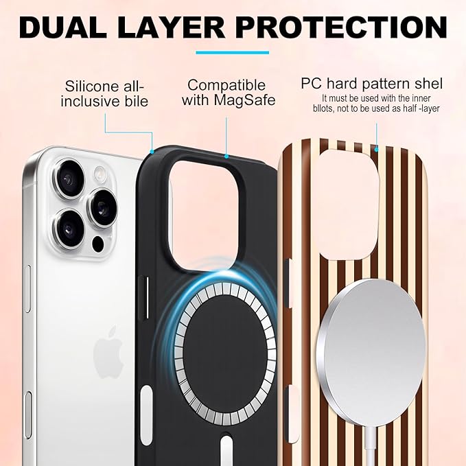 Magnetic for iPhone 13 Pro Max Case Cute Stripes Phone Case, Shockproof Slim TPU and Hard PC Protective Phone Cover Compatible with MagSafe Designed for Women Girls, Brown