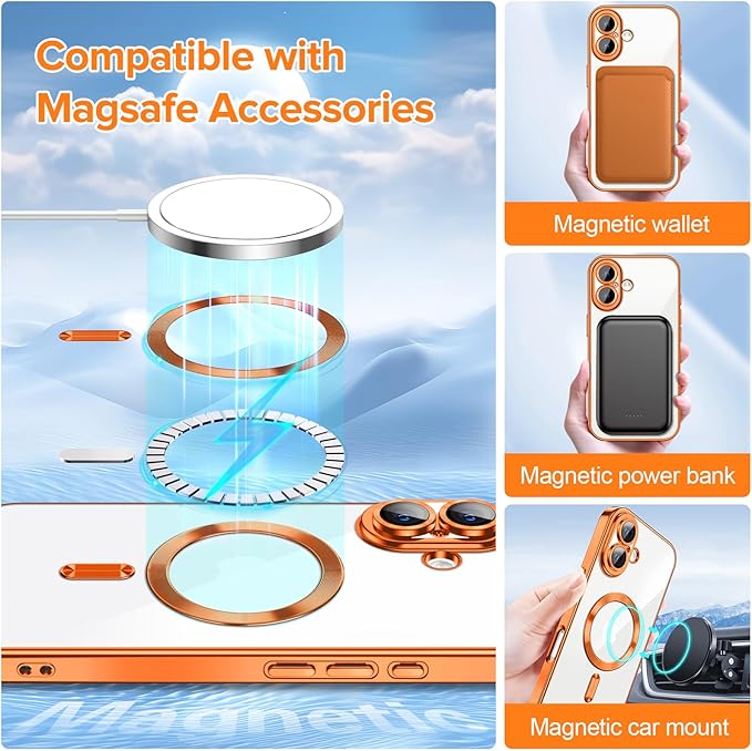 Hython Magnetic Clear for iPhone 16 Case with Camera Lens Protector [Compatible with MagSafe] Luxury Plating Edge Slim Soft TPU Cover Protective Phone Case for iPhone 16 6.1", Orange