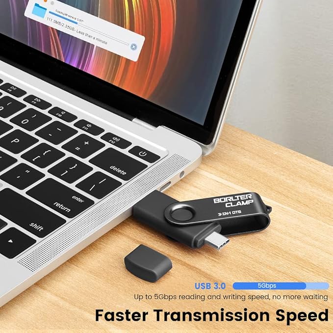 128GB 3 in 1 USB 3.0 Flash Drive Photo Stick for Android Phones, BorlterClamp OTG Memory Stick with 3 USB Ports (USB C, microUSB, USB A) for Samsung Galaxy, LG, Tablets, PC and More, Black