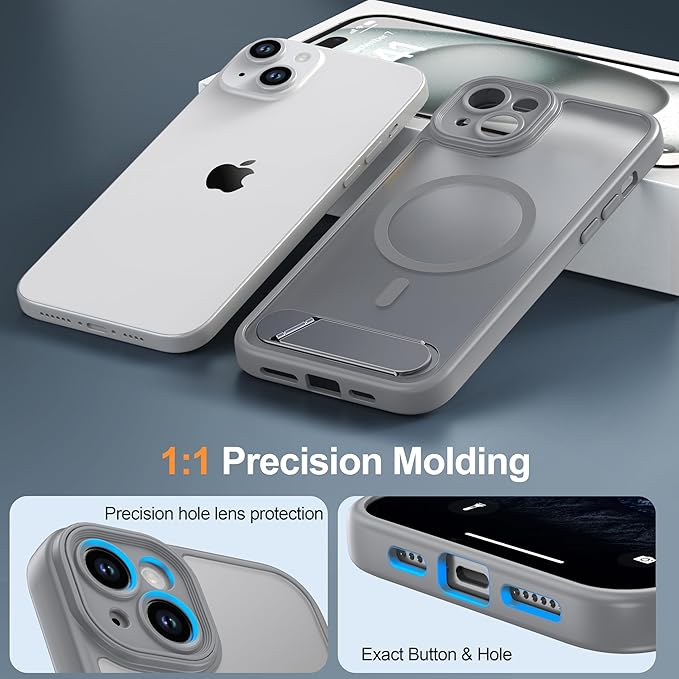 Magnetic Compatible with iPhone 15 Plus Case, [Built-in Kickstand][Full Camera Protection][Compatible with MagSafe][Anti-Fingerprint] Shockproof Phone Case for iPhone 15 Plus 6.7",Gray