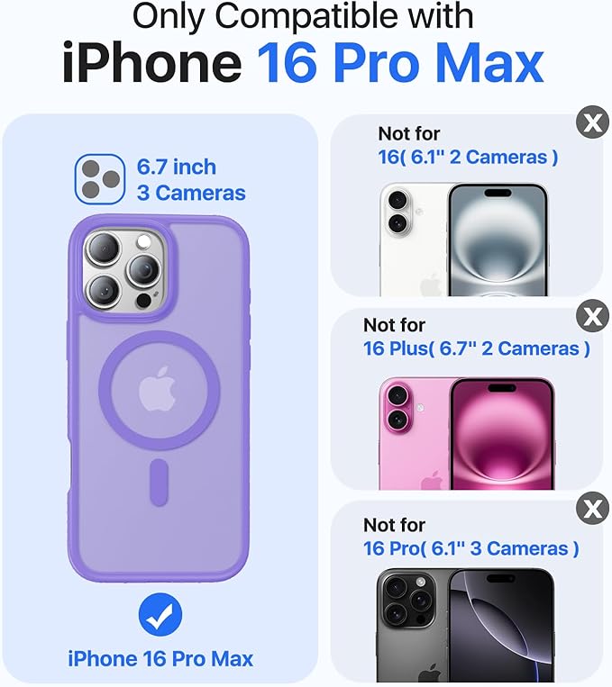 Magnetic for iPhone 16 Pro Max Case, [Compatible with MagSafe][Military-Grade Drop Protection][Anti-Yellowing] Shockproof Translucent Matte Cover for iPhone 16 Pro Max Phone Case,Light Purple
