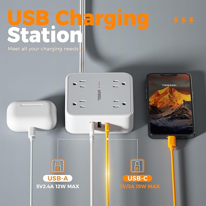 TESSAN Surge Protector Power Strip, 5 Ft Flat Plug Extension Cord with 3 USB (1 USB C) 8 Outlets, 1250W, 900J Protection, 3 Sided Outlet Extender with Ring Plug for Office, Dorm Room, Grey