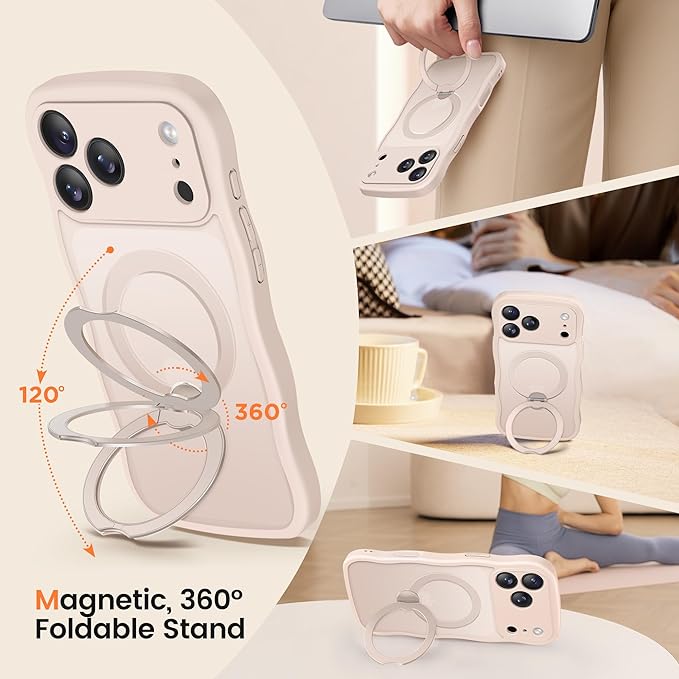 CAPRARO for iPhone 17 Pro Case with 360° Spin Magnetic Stand for Women, [Compatible with MagSafe] [Full Camera Protection] Cute Wave Translucent Matte Case for iPhone 17 Pro, Rose Gold