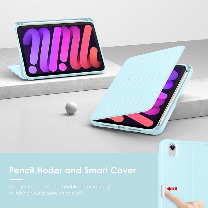 VIKESI Case for iPad mini 7 (A17 Pro) and iPad mini 6,Multiple Angles Magnetic Stand Cover,Shockproof Soft Back,Pencil Holder,and Auto Sleep/Wake,Ice Blue