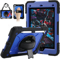 for iPad 6th Generation/iPad 5th Gen/iPad Air 2/iPad Pro 9.7" Case with Cute Key Chain, Rugged Protective Case with Rotating Stand & Shoulder Hand Strap for iPad 6th/5th/ Air 2 (Black+Blue)