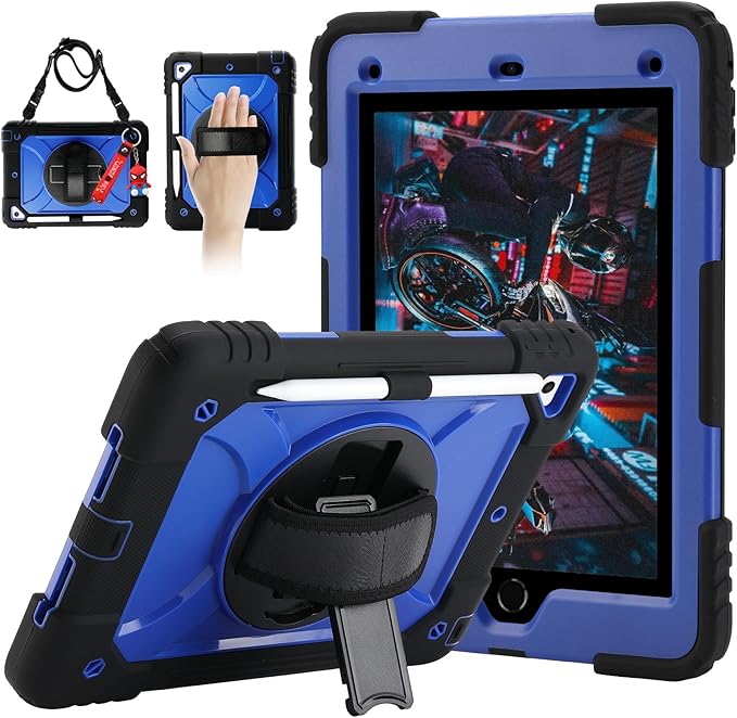 for iPad 6th Generation/iPad 5th Gen/iPad Air 2/iPad Pro 9.7" Case with Cute Key Chain, Rugged Protective Case with Rotating Stand & Shoulder Hand Strap for iPad 6th/5th/ Air 2 (Black+Blue)
