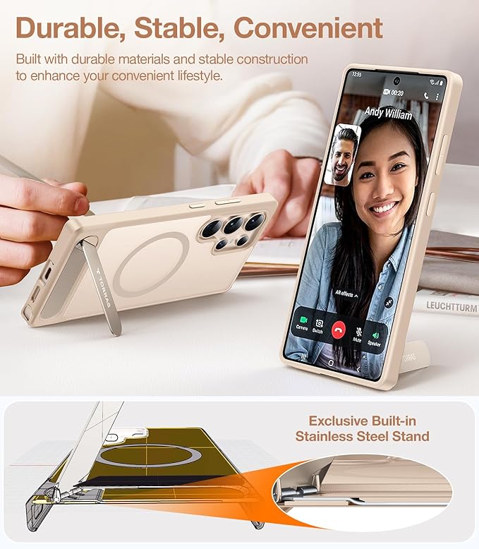 TORRAS Strong Magnetic & Seamless Stand for Samsung Galaxy S25 Ultra Case, Fit for MagSafe, Mil-Grade Drop Protection, Kickstand for Samsung Galaxy S25 Ultra Case, Translucent Back/Gold Edge