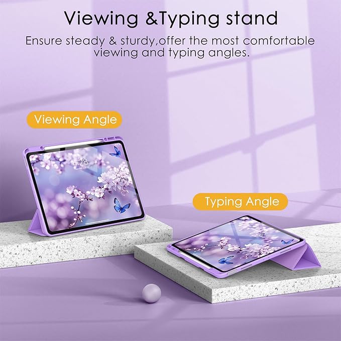 Soke Case for iPad Pro 12.9 Inch (6th/5th/4th/3rd Generation, 2022/2021/2020/2018) - Pencil Holder + Auto Sleep/Wake + Camera Protection, Transparent Shockproof Back Cover, Lavender Purple