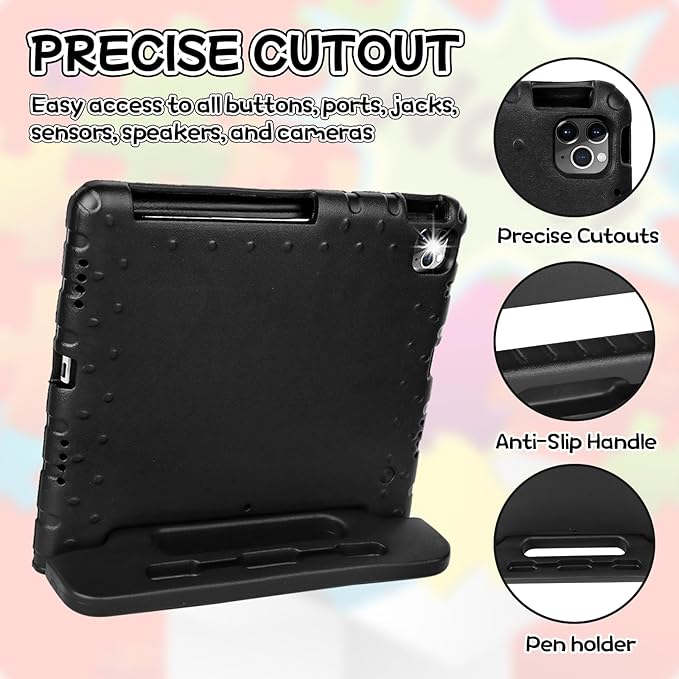 Case for iPad Pro 12.9 Case 2022/2021/2020/2018 with Pencil Holder & Hadle Stand, Super Protection Kids Proof Cover for iPad Pro 12.9 inch 3rd/4th/5th/6th Generation, Black