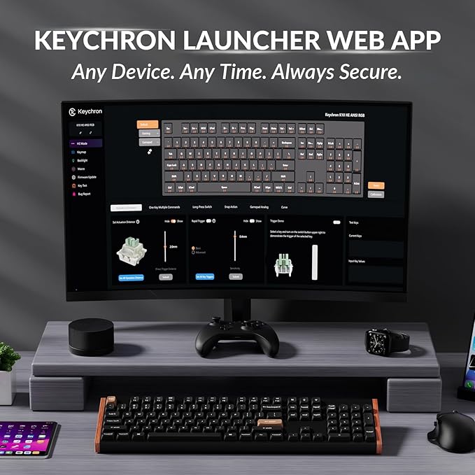 Keychron K10 HE Hall Effect Keyboard, Ultra-Fast Lime Magnetic Switch, Full-Size Tri-Mode Wireless Keyboard with Rapid Trigger, Adjustable Actuation, RGB, Aluminum + Wooden Frame