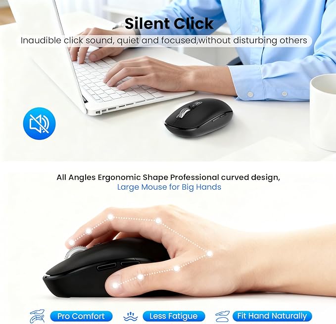 Wireless Bluetooth Mouse,USB+BT×2,Multi Device Ergo Full Size Mouses-big Hand,Metal 4-Way Super Scrolling,± 3000 DPI,10 Buttons,Plug&Play,Quiet,w/ 2 Batteries,Mice for Laptop,Computer,Tablet,Mac,iPad