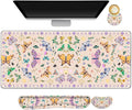 ARTSO Desk Mat Set, Apricot Extended Gaming Mouse Pad with Wrist Rest Support +Keyboard Wrist Rest +Coaster, Large Cute Butterfly Mousepad, Easy Typing and Pain Relief