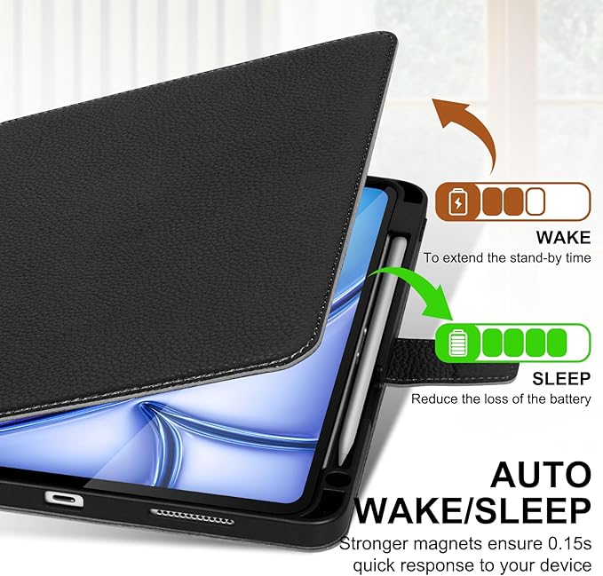 Genuine Leather Case for iPad Air 11" M4 2026/M3 2025/M2 2024, 5th/4th Gen 10.9" | with Pencil Holder and Adjustable Stand, Magnetic Closure, Auto Wake/Sleep Cover | Black