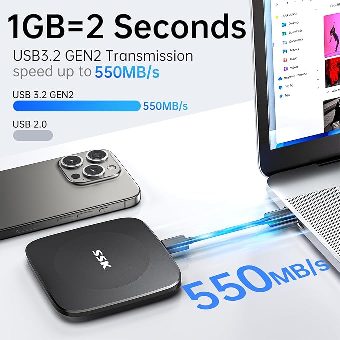 SSK External SSD 256GB,Portable SSD Hard Drive up to 550MB/s,Solid State Drives Type C+USB A External Storage Drive USB 3.2 GEN2 USB C Drive for iPhone 15/Android/Windows/Tablet/Mac/Xbox