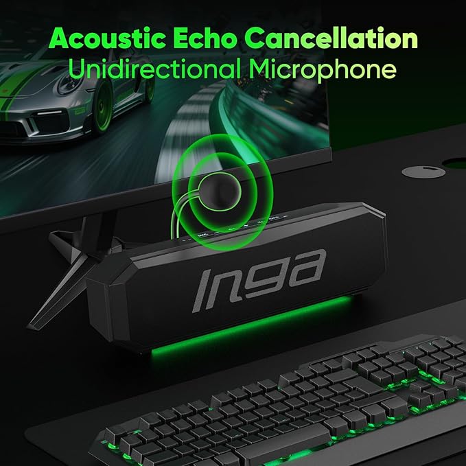 INGA Computer Speakers with Detachable Mic, Plug-and-Play USB Soundbar with Dynamic Lighting, Game/Music Modes, Compatible with PC, Laptop, PS5, Mac