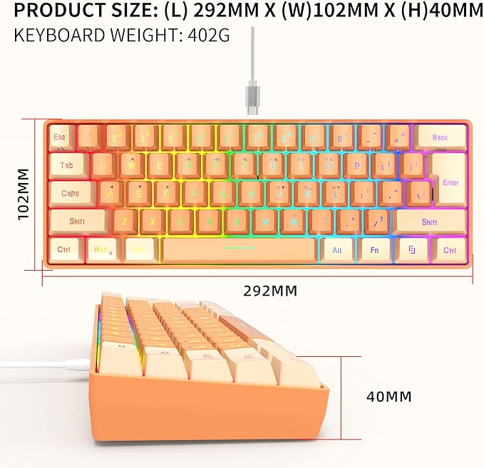 Snpurdiri 60% Wired Gaming Keyboard, RGB Backlit Ultra-Compact Mini Gaming Keyboard for PC/Mac Gamer, Typist, Travel (Cream and Orange)