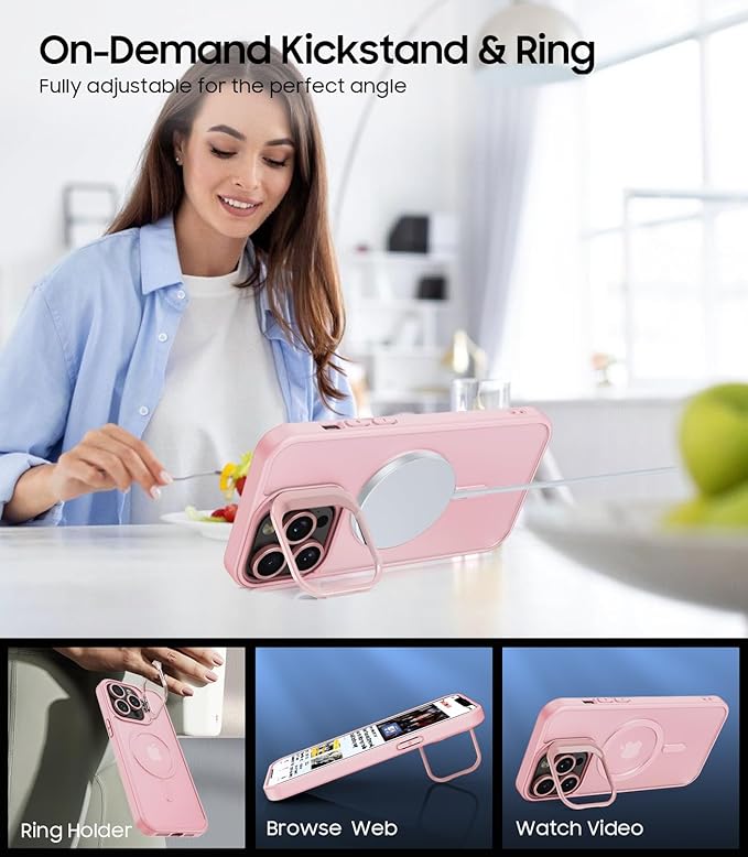 TOBOVON for iPhone 14 Pro Case, Compatible with MagSafe, Built-in Camera Ring Stand, with Individual Camera Cover, Translucent Matte Military-Grade Drop Protection Magnetic Case, Pink